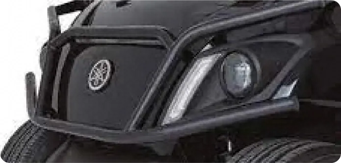 Black Yamaha golf cart front with brush guard and LED lights