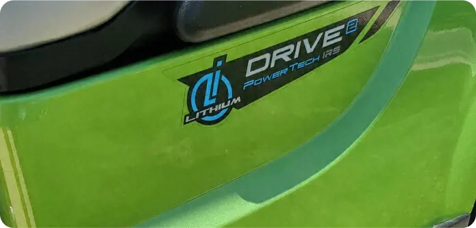 Lime green Yamaha Drive2 golf cart with lithium PowerTech badge