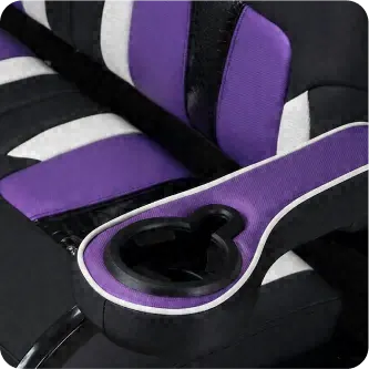 Black, white and purple golf cart seat with a drink holder