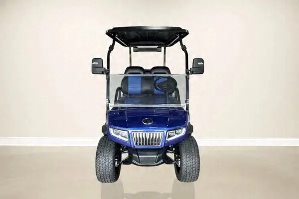 Front of a blue 6-seater golf cart with a chrome grille and LED headlights