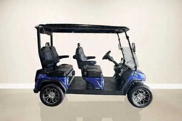 Side view of a blue 6-seater golf cart with black seats