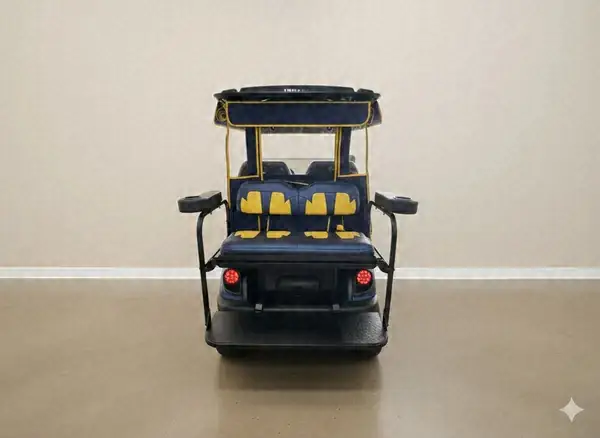 Rear of a blue Yamaha golf cart with yellow and blue rear seats