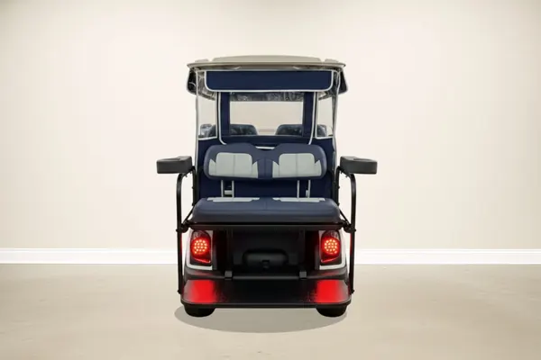 Rear of a white golf cart with blue rear seats and red taillights