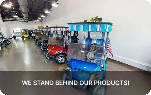 Golf cart showroom full of new Yamaha carts: we stand behind our products