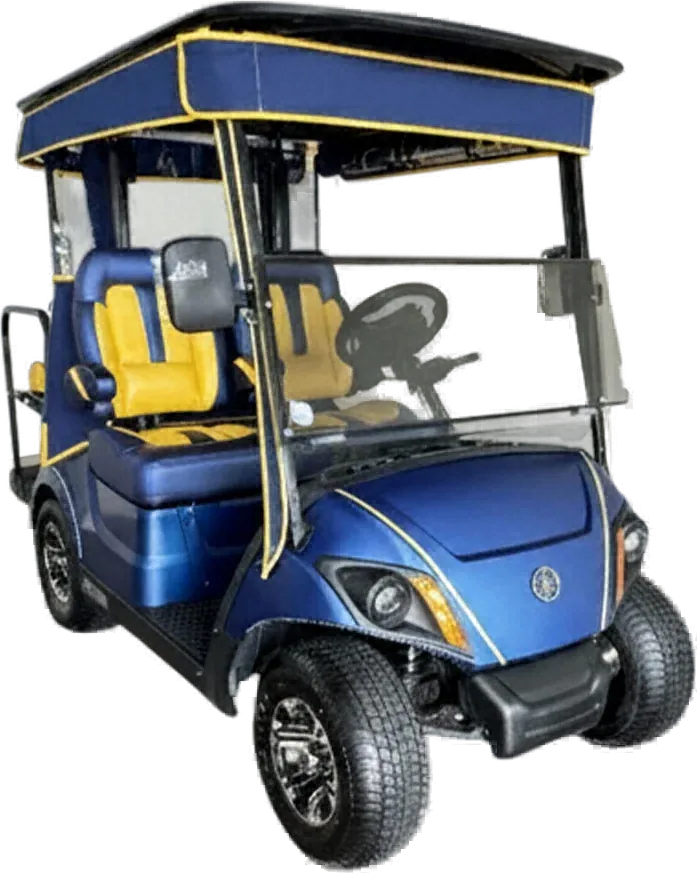 Blue Yamaha golf cart with yellow and blue seats and a navy roof with yellow trim