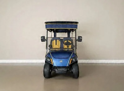 Front of the blue Yamaha Blue & Yellow golf cart with a navy and yellow roof