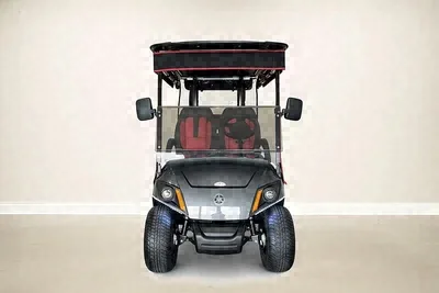 Front of the silver Yamaha Silver & Red golf cart with a black and red roof