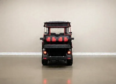 Rear of the silver Yamaha golf cart with red and black rear seats and LED taillights