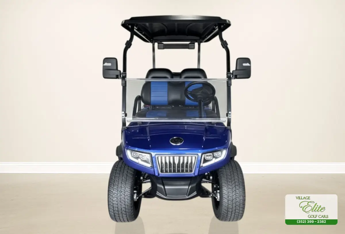 Golf Cart Black & Blue Front – A stylish golf cart with a black and blue front, offering superior performance and comfort.