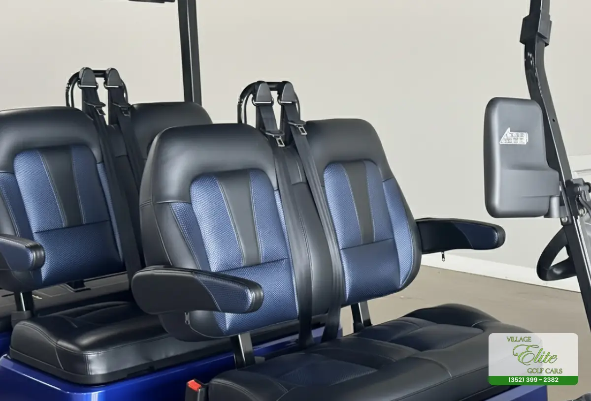 Golf Cart Black & Blue Seats – Comfortable and stylish black and blue seats designed for a superior golfing experience.