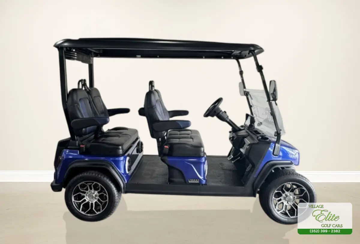 Golf Cart Black & Blue Sides – A stylish golf cart with black and blue sides, offering durability and smooth performance.