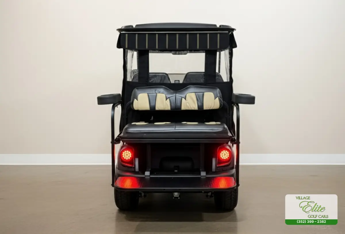 Yamaha golf cart rear black & tan back seat kit installed in back of cart.