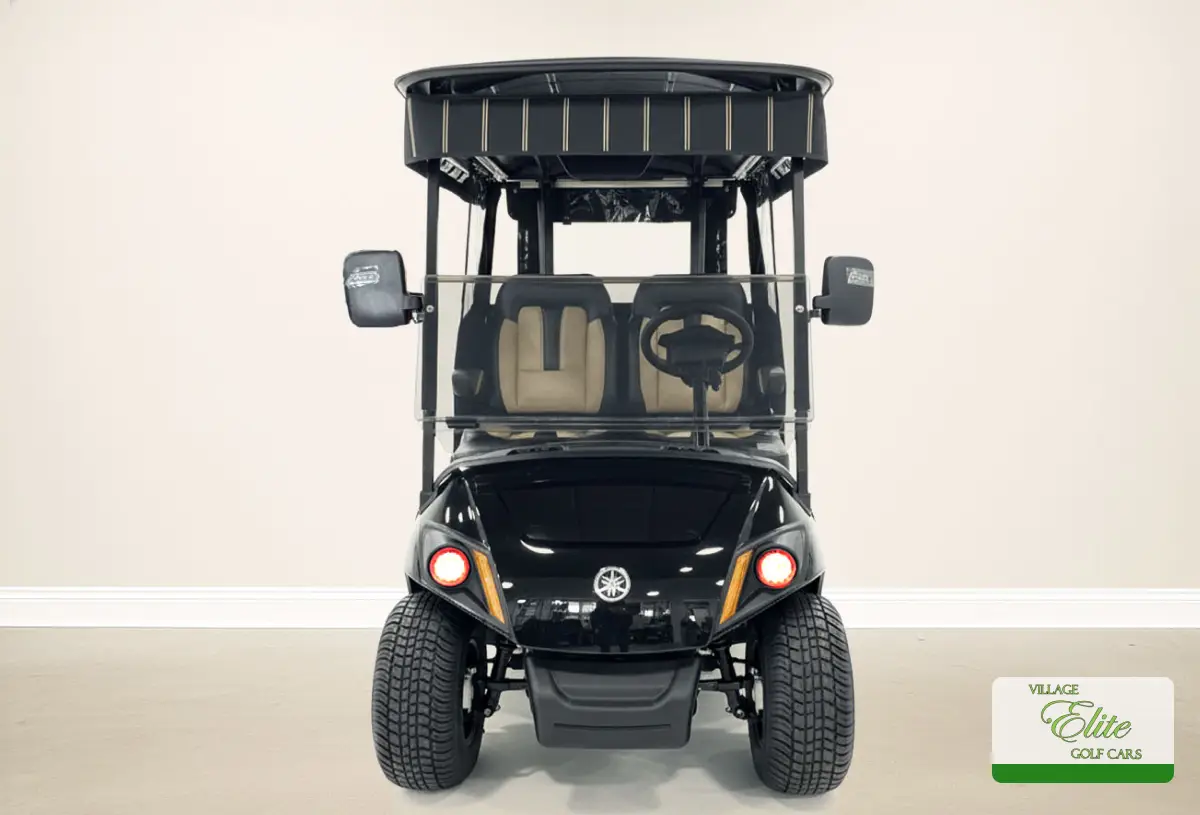Yamaha Golf Cart Black & Tan Front Yamaha golf cart front view with black exterior and tan seats showing two‑tone premium design.