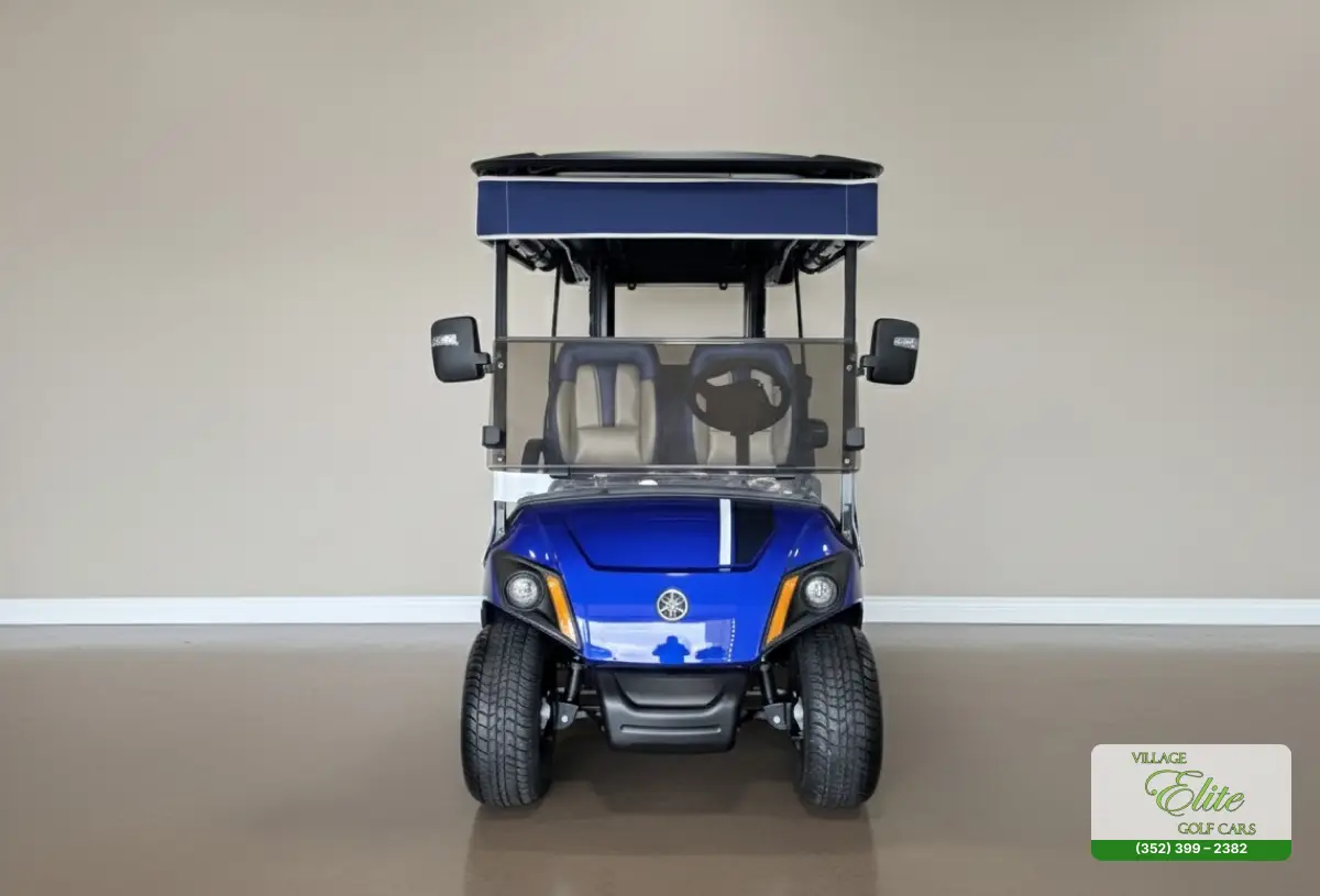Yamaha Golf Cart Blue & White Front – A stylish golf cart with a blue and white front design, offering durability and smooth performance.
