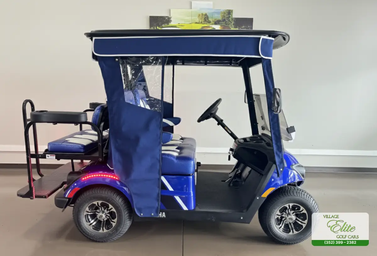 Yamaha Golf Cart Blue & White Sides – A stylish golf cart with blue and white sides, combining performance and durability for a smooth ride.