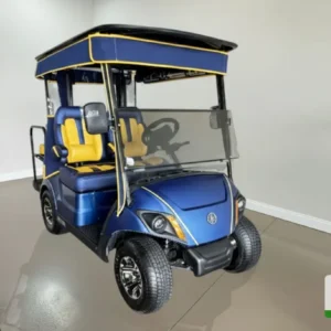 Yamaha Golf Cart Blue & Yellow Quadric – A stylish golf cart with a blue and yellow quadric design, offering durability and performance.