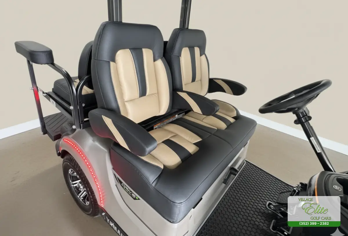 Yamaha Golf Cart Brown & Brown Seats – Comfortable and stylish brown seats designed for a superior golfing experience.