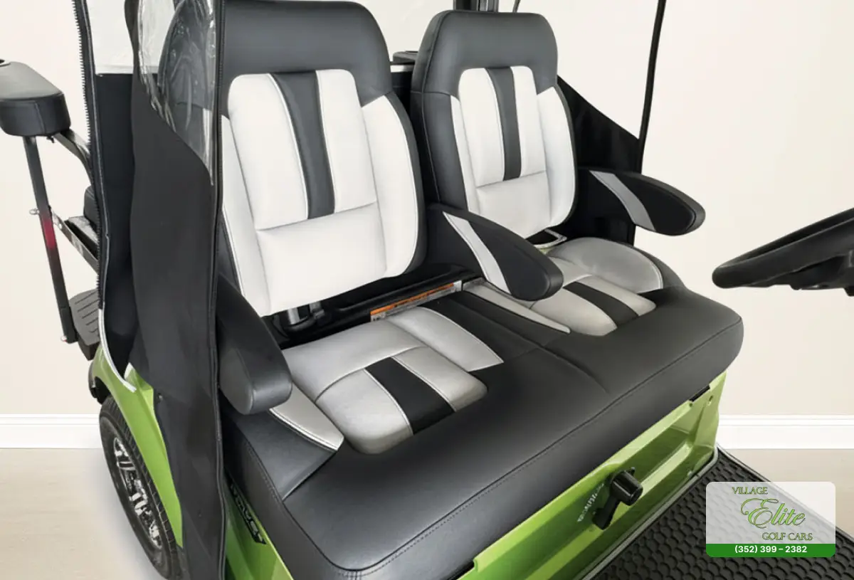 Yamaha Golf Cart Green & Gray Seats – Comfortable and stylish green and gray seats for a superior golfing experience.