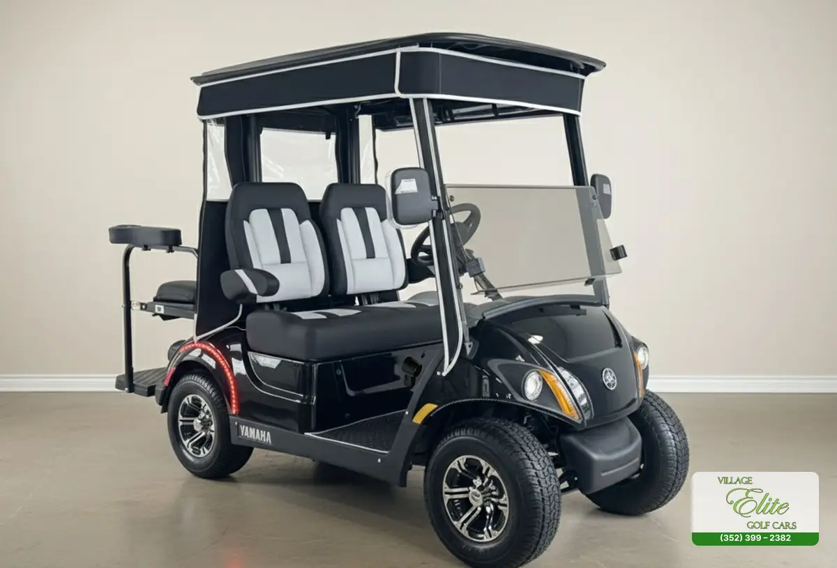Yamaha Golf Cart Silver & Black Quadric – A stylish golf cart with a silver and black quadric design, delivering superior performance and comfort.