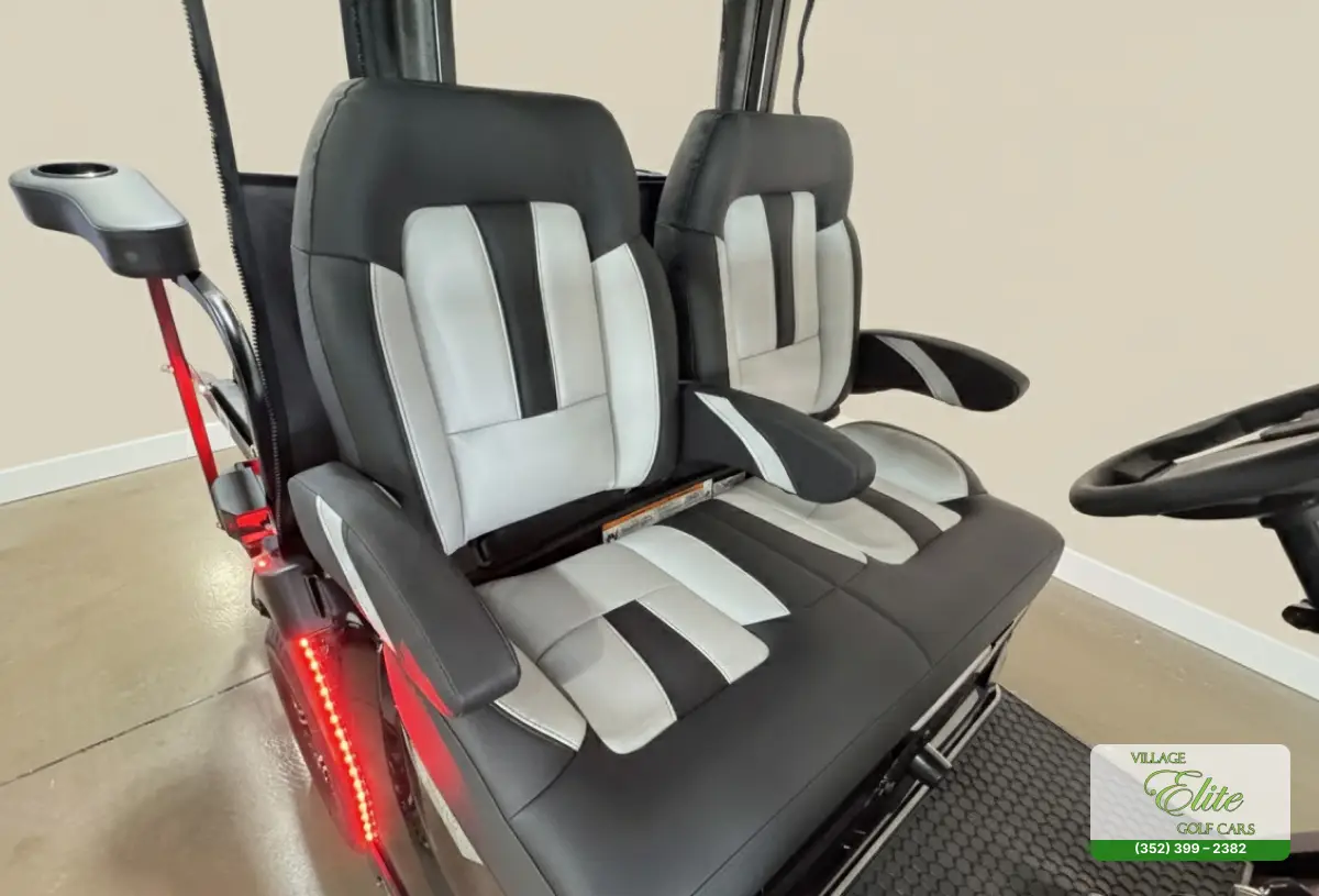 Yamaha Golf Cart Silver & Black Seats – Comfortable and stylish silver and black seats designed for a superior golfing experience.