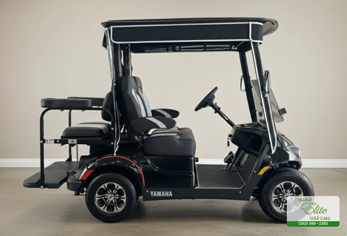 Yamaha Golf Cart Silver & Black Side – A stylish golf cart with a silver and black side design, offering durability and exceptional performance.