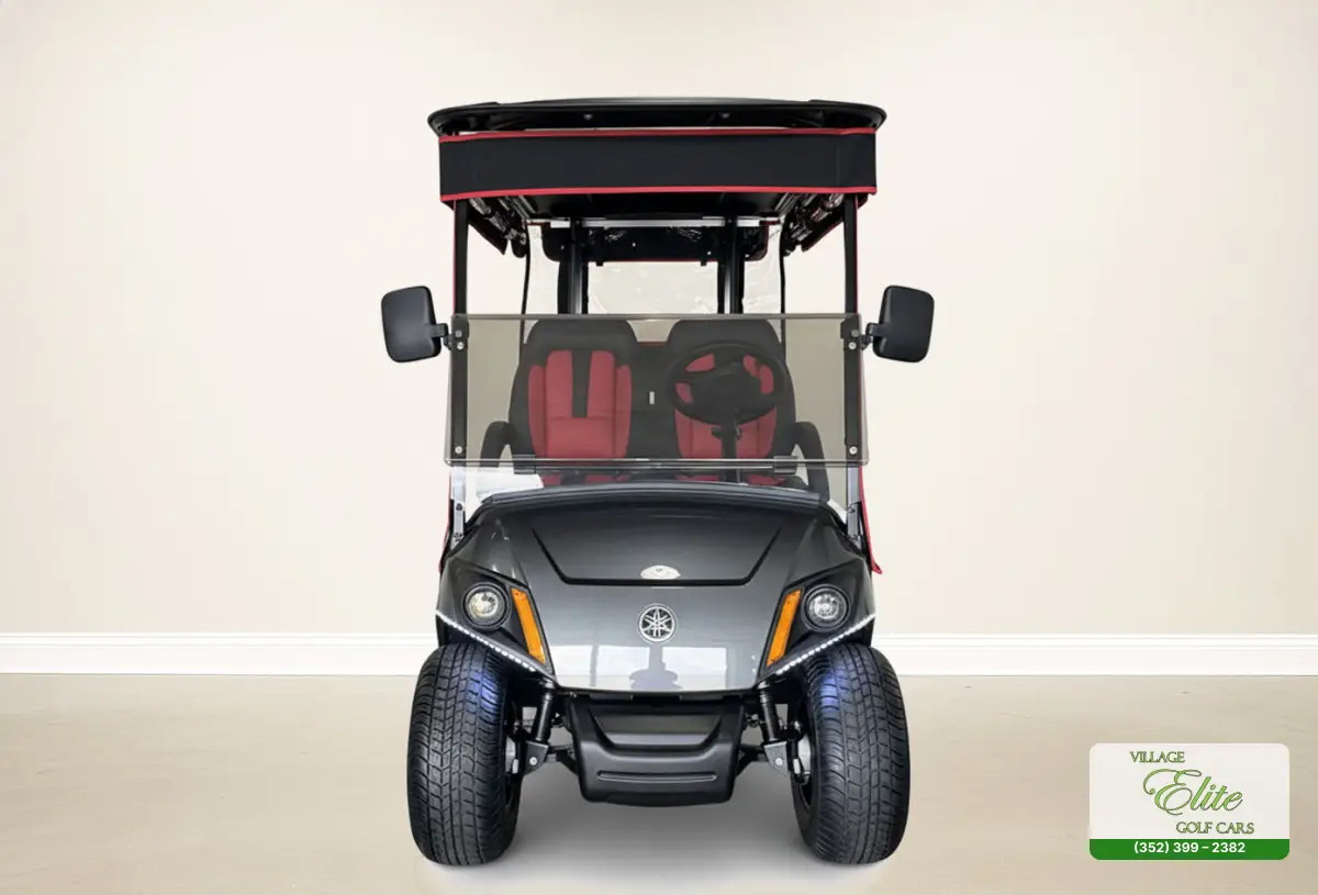 Yamaha Golf Cart Silver & Red Front – A sleek and durable golf cart designed for performance and style on the course.