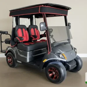 yamaha golf cart silver & red quadric offering a sleek and modern design, perfect for a smooth and stylish ride on the course.