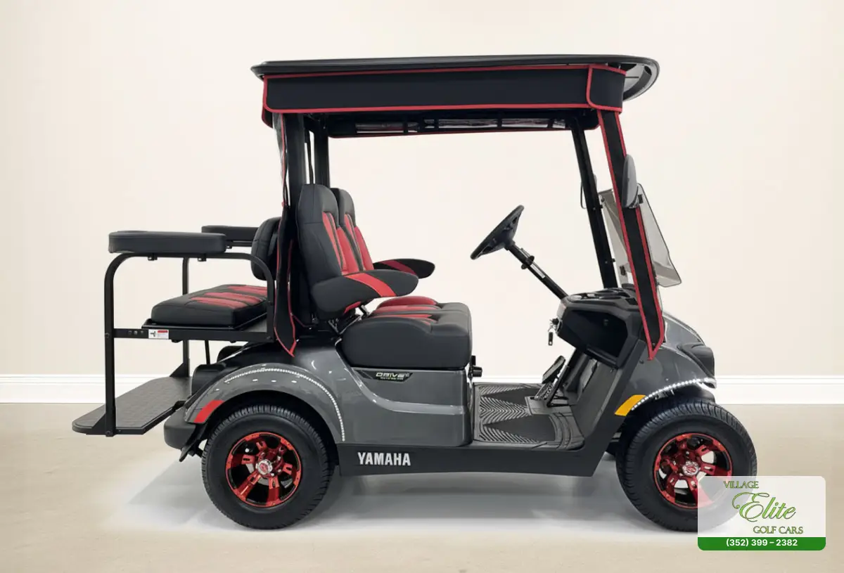 yamaha golf cart silver & red sides offering a sleek and sophisticated design with reliable performance for a smooth ride on the course.