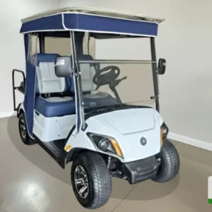 yamaha golf cart white & blue quadric offering a sleek and modern design for a smooth and comfortable ride on the course.