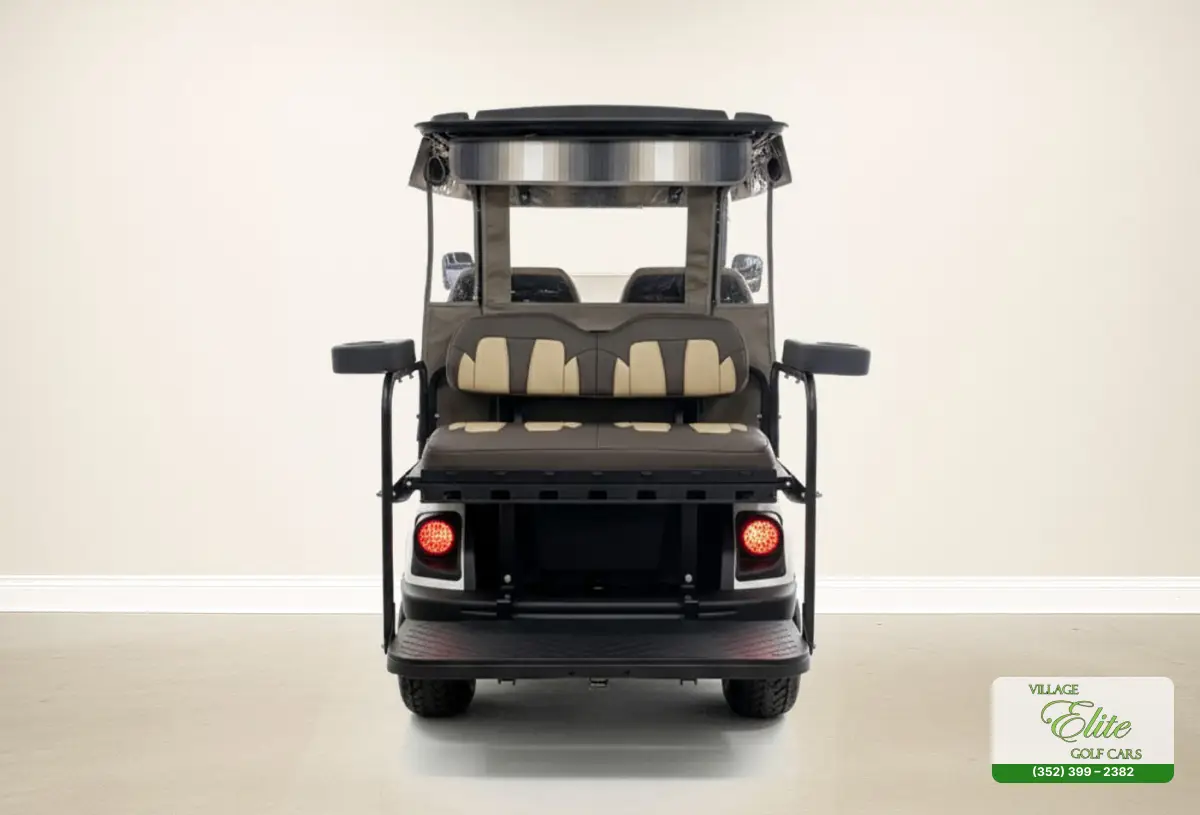 yamaha golf cart white & brown back offering a clean, stylish design with performance and comfort for a superior golfing experience.