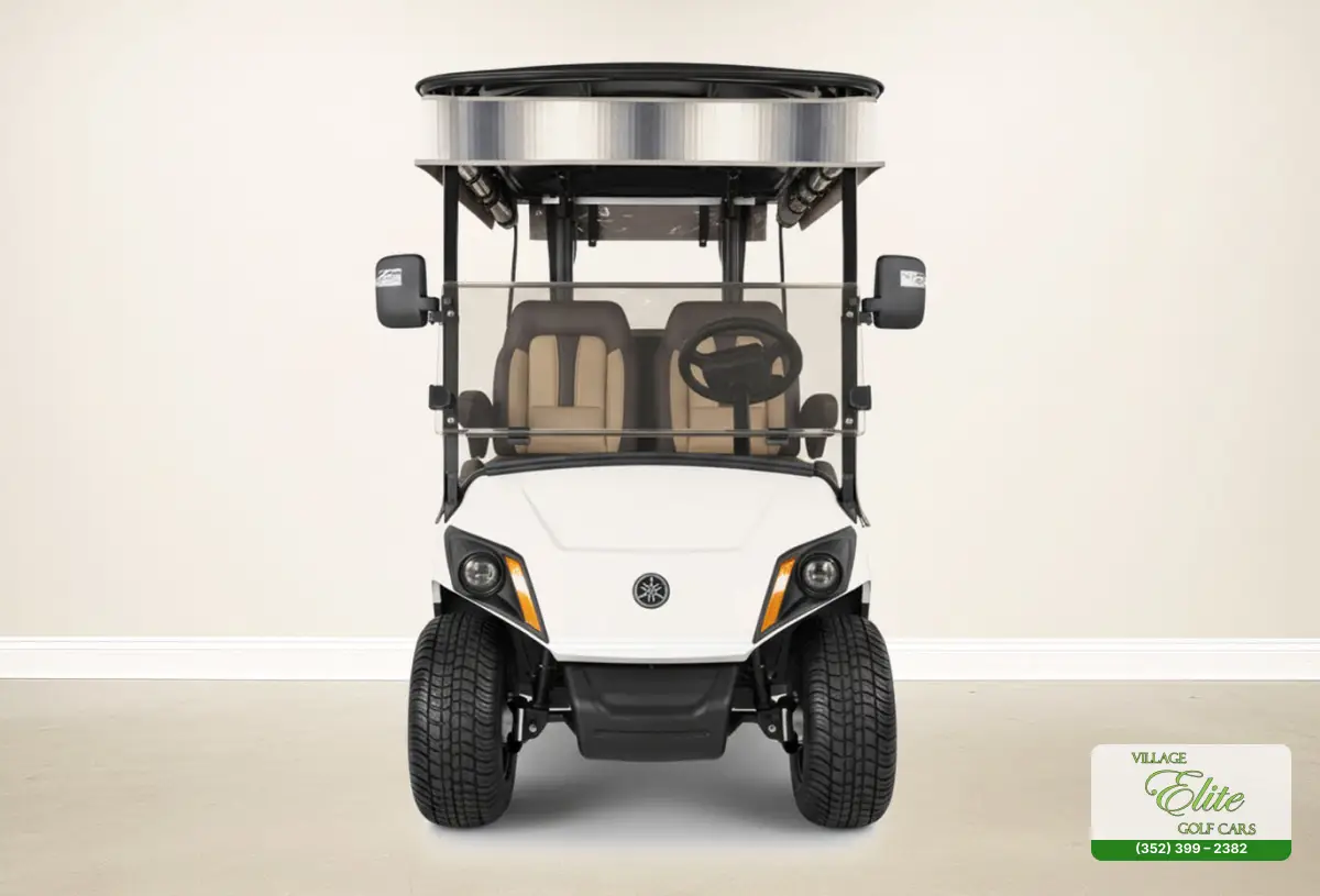 yamaha golf cart white brown front featuring a sleek and clean design that ensures a smooth ride and stylish appearance on the course.