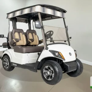 yamaha golf cart white & brown quadric offering a sleek and stylish design, perfect for a smooth ride on the golf course.