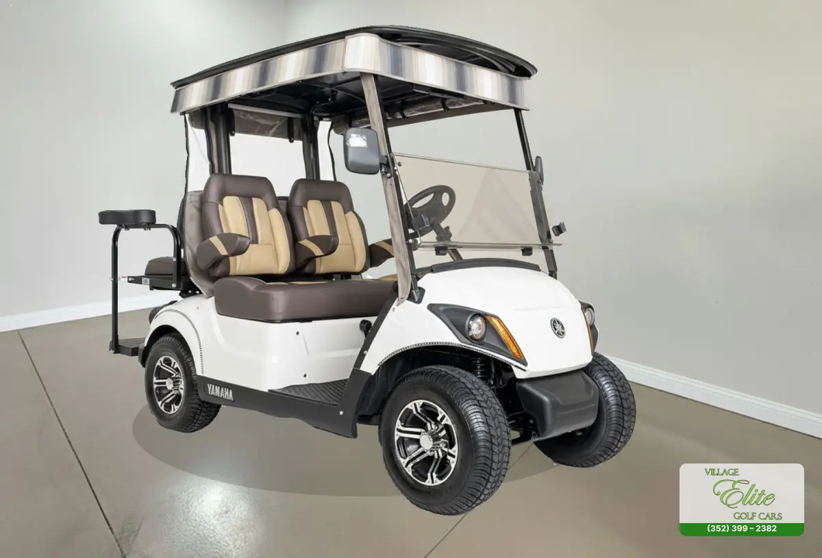yamaha golf cart white & brown quadric offering a sleek and stylish design, perfect for a smooth ride on the golf course.