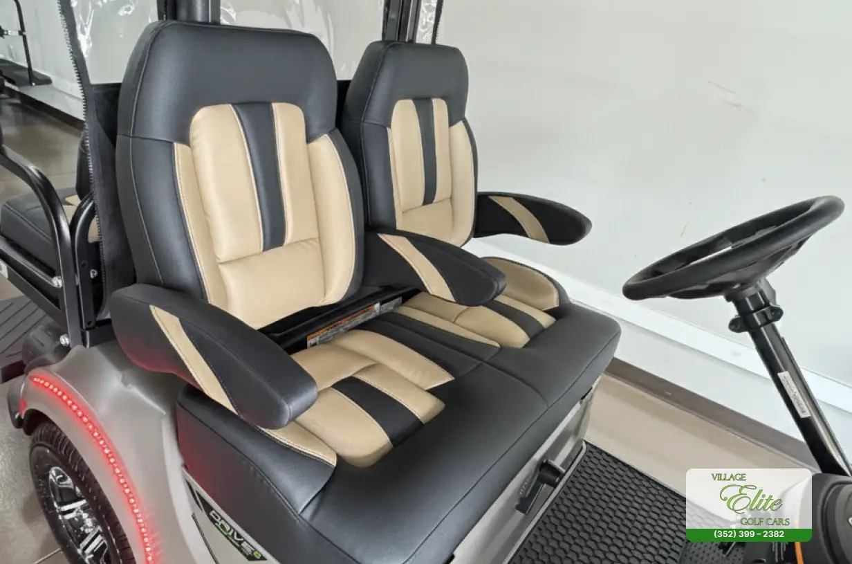 yamaha golf cart white & brown seats offering a stylish and comfortable ride for golfers.