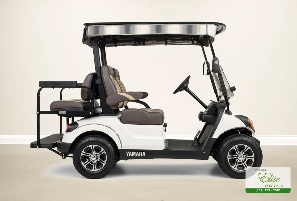 yamaha golf cart white & brown sides offering a stylish and elegant design for an enhanced golfing experience.